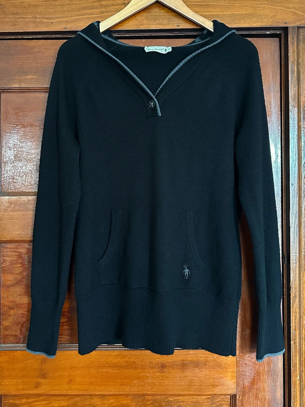 Smartwool Black Merino Wool Knit Hoodie Sweater Size Large Flower Print Hood